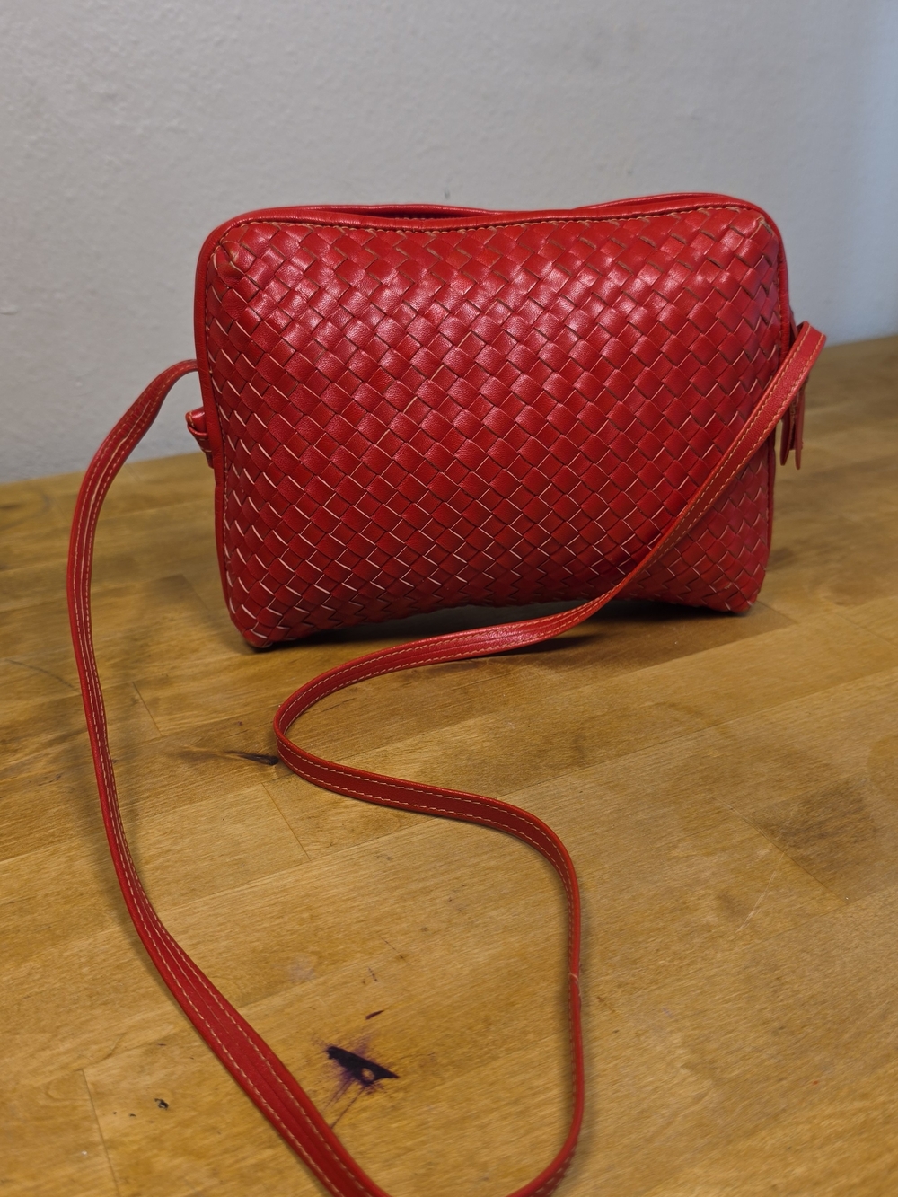 GANSON Vintage Red Woven Leather Crossbody Bag Braided Made In Hong Kong OS
